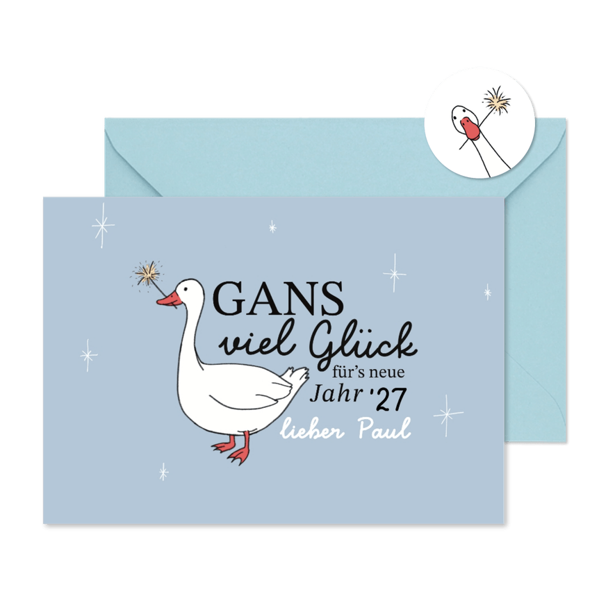 Neujahrskarte 'Gans viel Glück' lustig Gans mit Wunderkerze - Karteneindruck