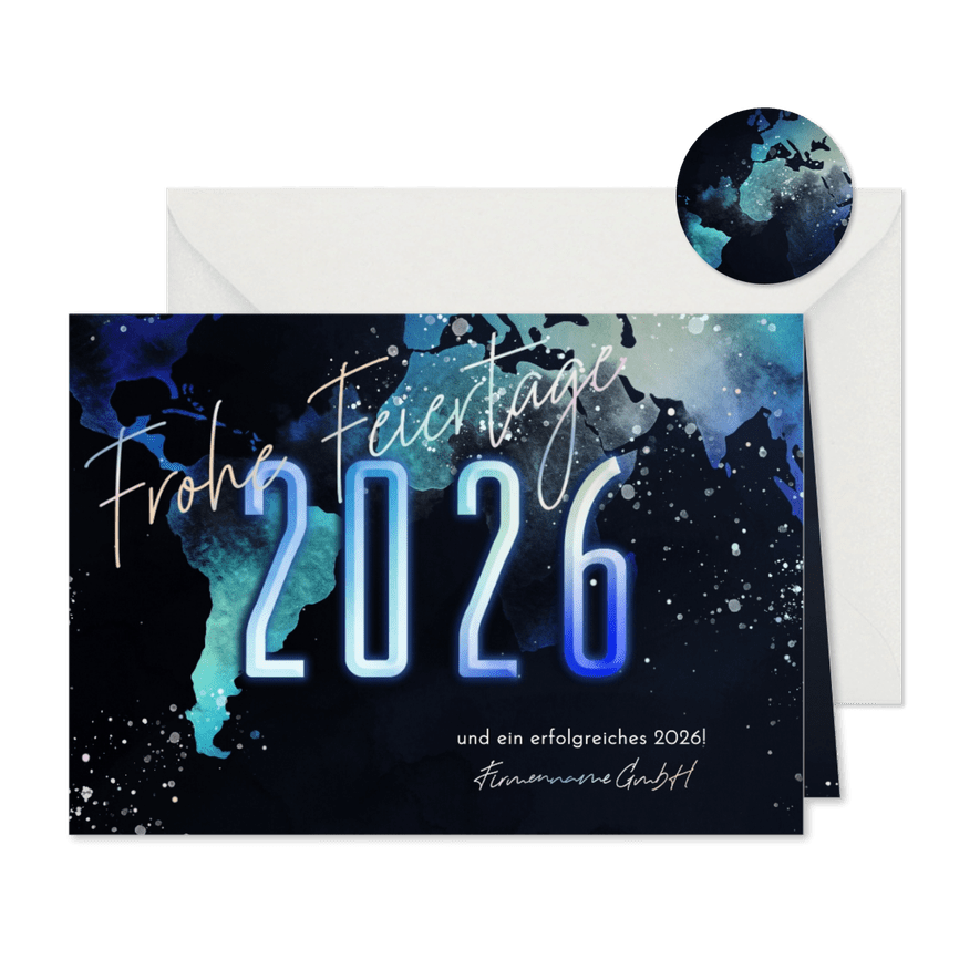 Neujahrskarte geschäftlich Landkarte in Aquarelloptik 2026 - Karteneindruck
