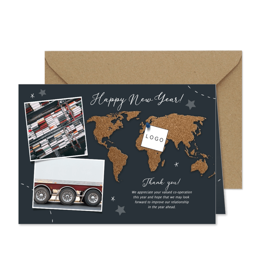 Neujahrskarte geschäftlich Pinnwand mit Fotos - Karteneindruck