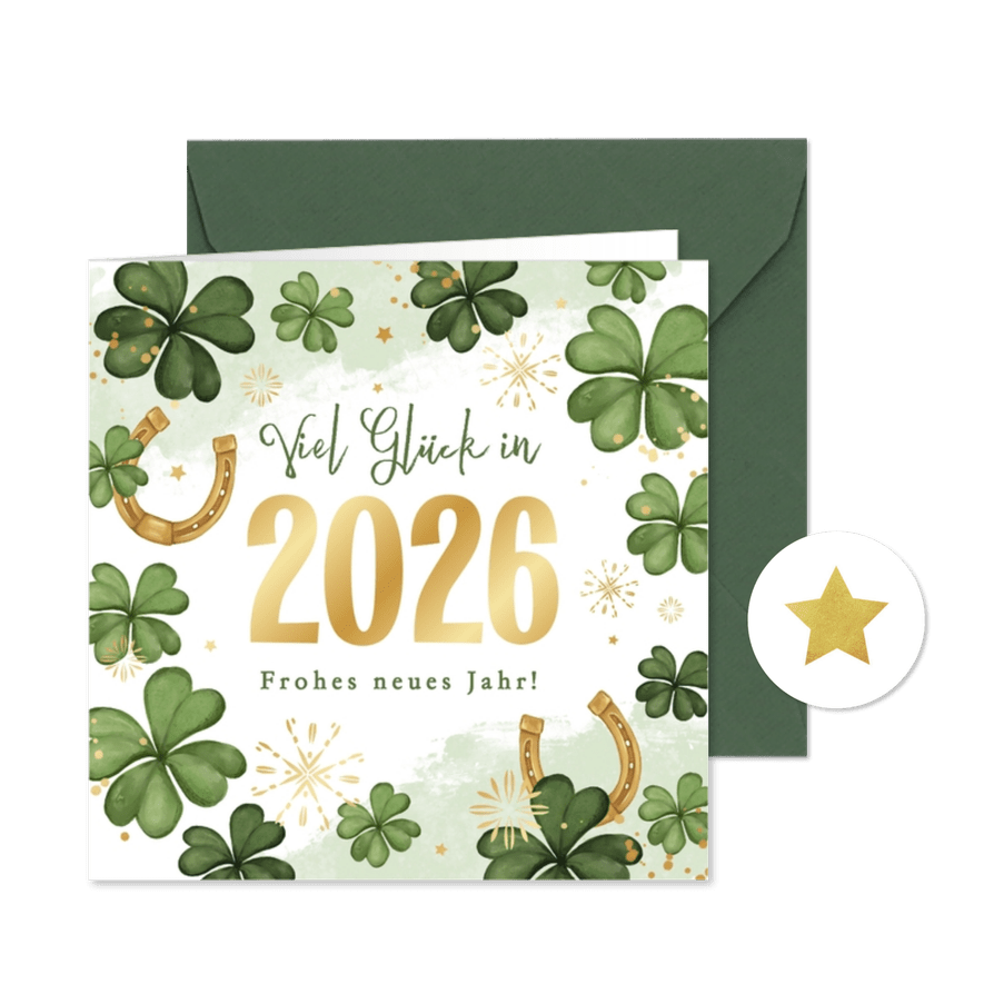 Neujahrskarte Glück 2026 Kleeblätter Hufeisen grün - Karteneindruck
