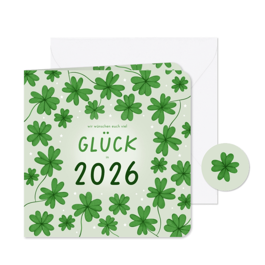 Neujahrskarte Glück Glücksklee Kleeblätter 2026 - Karteneindruck
