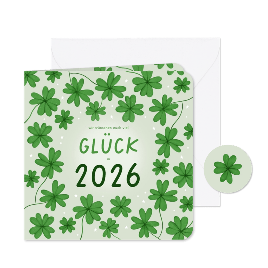 Neujahrskarte Glück Glücksklee Kleeblätter 2026 - Karteneindruck

