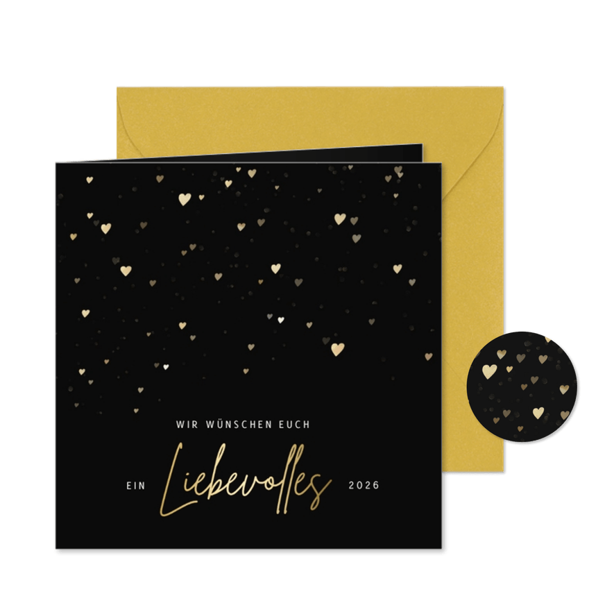 Neujahrskarte goldene Herzen 'liebevolles 2026' - Karteneindruck