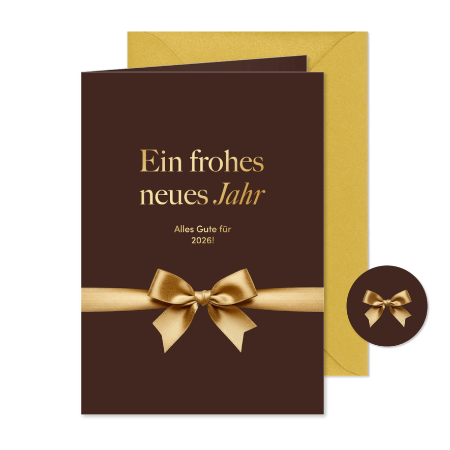 Neujahrskarte goldene Schleife auf Braun - Karteneindruck
