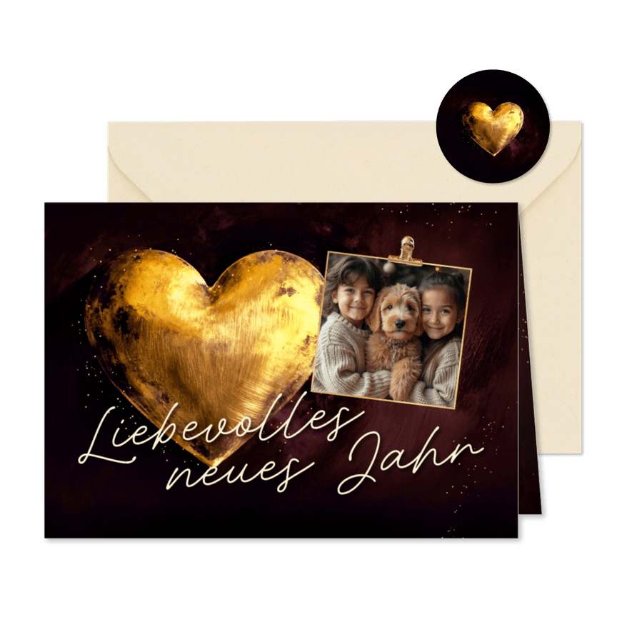 Neujahrskarte goldenes Herz mit Foto - Karteneindruck