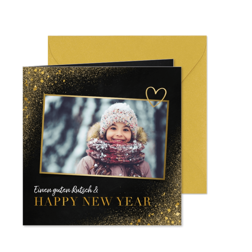 Neujahrskarte Goldlook mit Foto & Herz - Karteneindruck