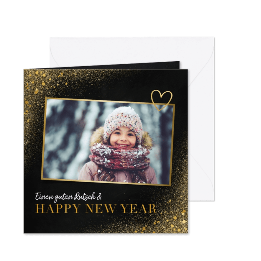 Neujahrskarte Goldlook mit Foto & Herz - Karteneindruck
