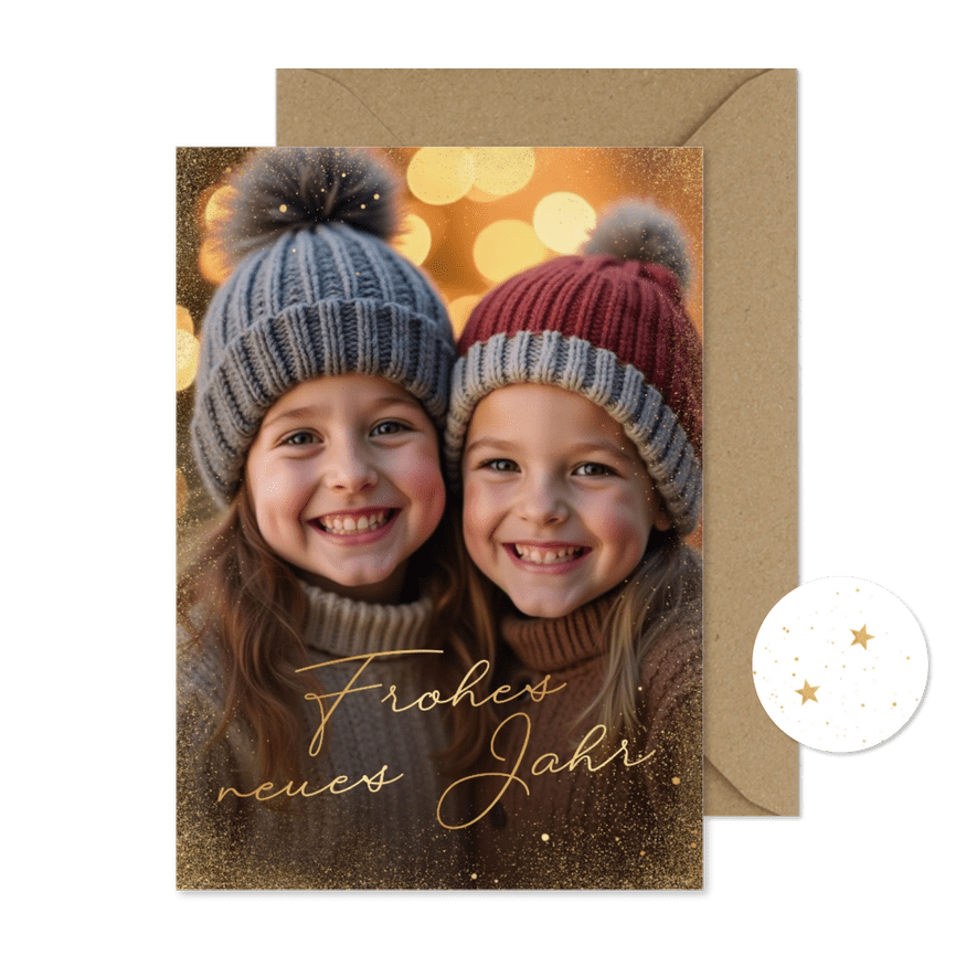 Neujahrskarte Goldstaub großes Foto 'Liebevolles neues Jahr' - Karteneindruck