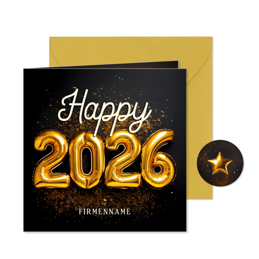 Neujahrskarte 'Happy 2026' Luftballons - Karteneindruck