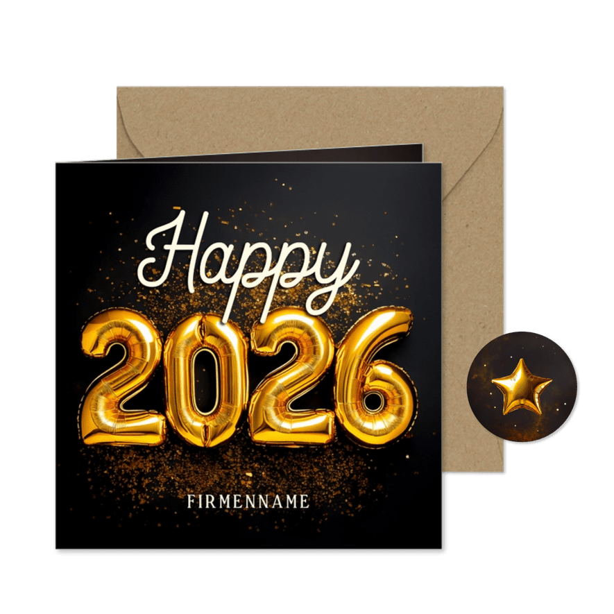 Neujahrskarte 'Happy 2026' Luftballons - Karteneindruck

