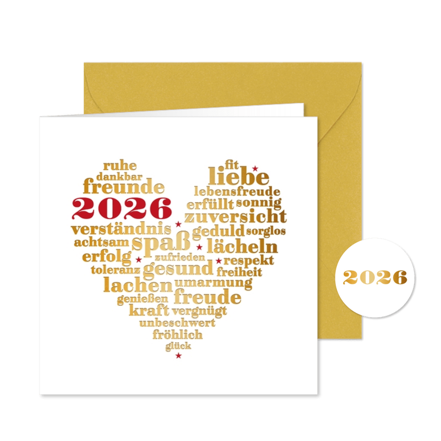 Neujahrskarte Herz voller Neujahrswünsche - Karteneindruck
