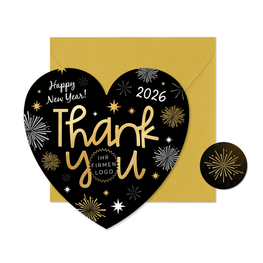 Neujahrskarte Herzform 'Thank you' Feuerwerk geschäftlich - Karteneindruck
