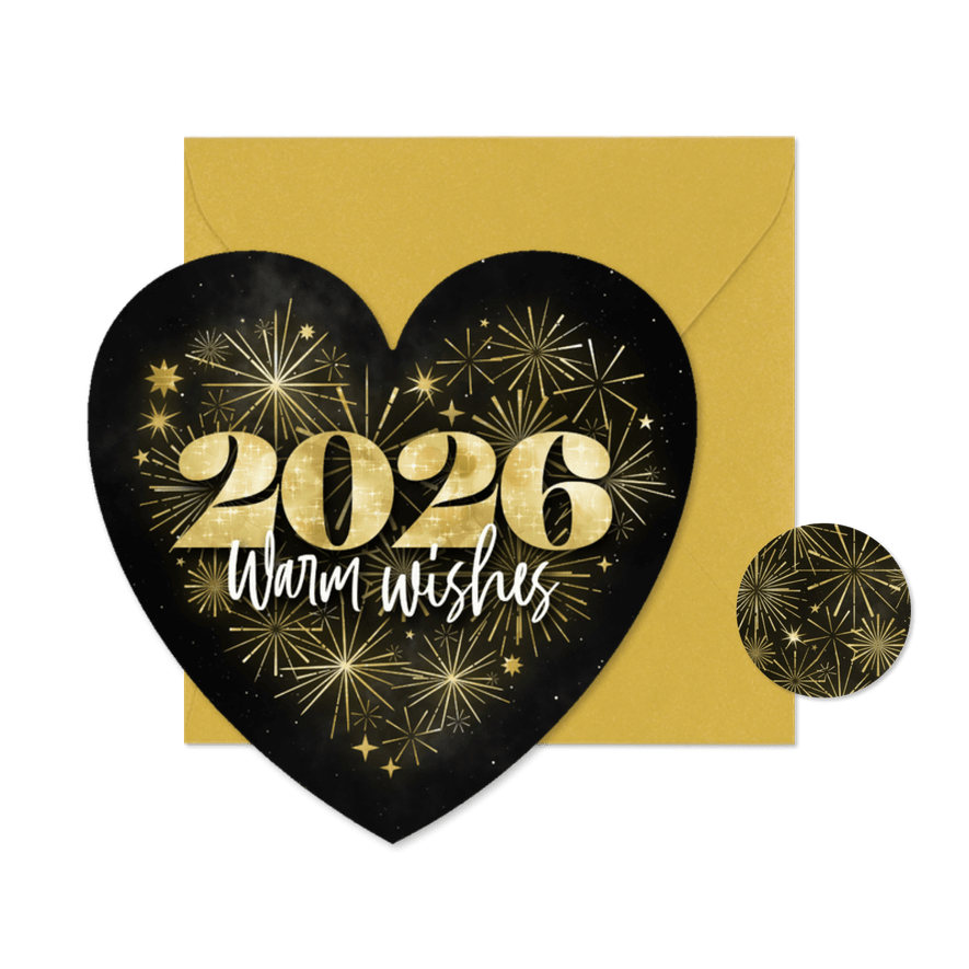 Neujahrskarte Herzkarte Feuerwerk 2026 'Warm wishes' - Karteneindruck
