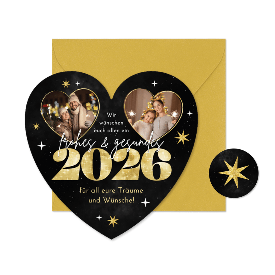 Neujahrskarte Herzkarte Fotocollage Herzrahmen 2026 - Karteneindruck
