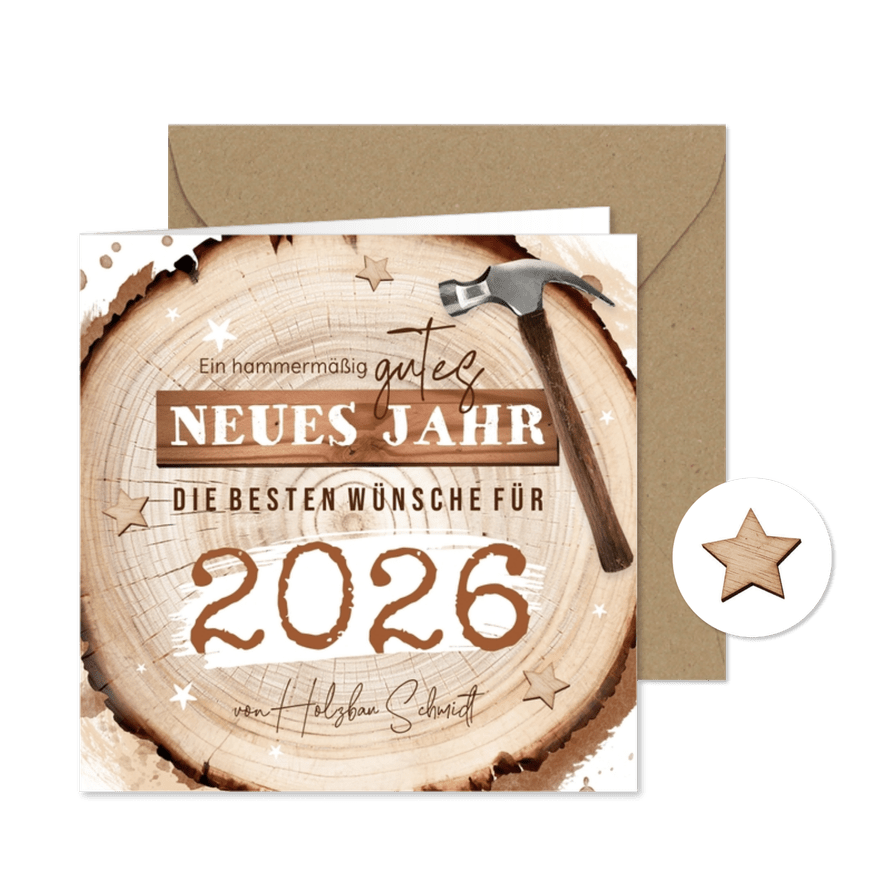 Neujahrskarte Holzbau Baumstamm mit Hammer - Karteneindruck