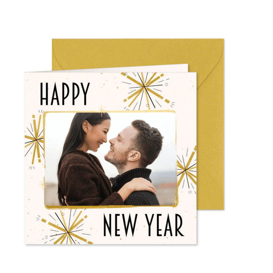Neujahrskarte im Goldlook mit Feuerwerk - Karteneindruck
