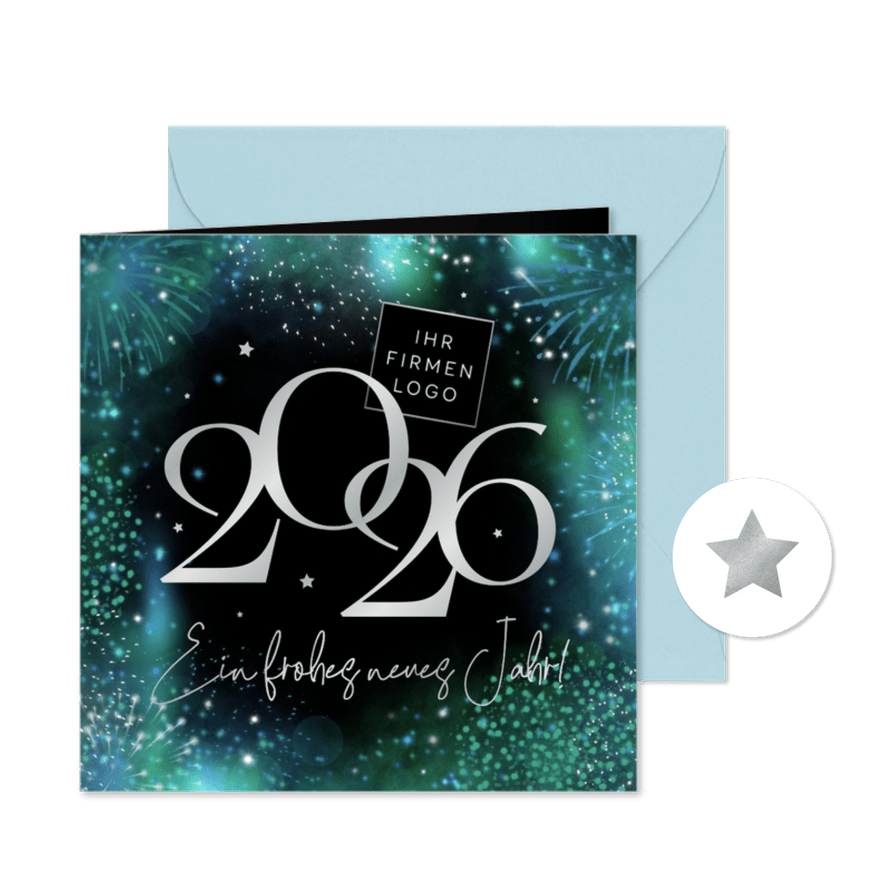 Neujahrskarte Jahreszahl und Feuerwerk in Blaugrün - Karteneindruck
