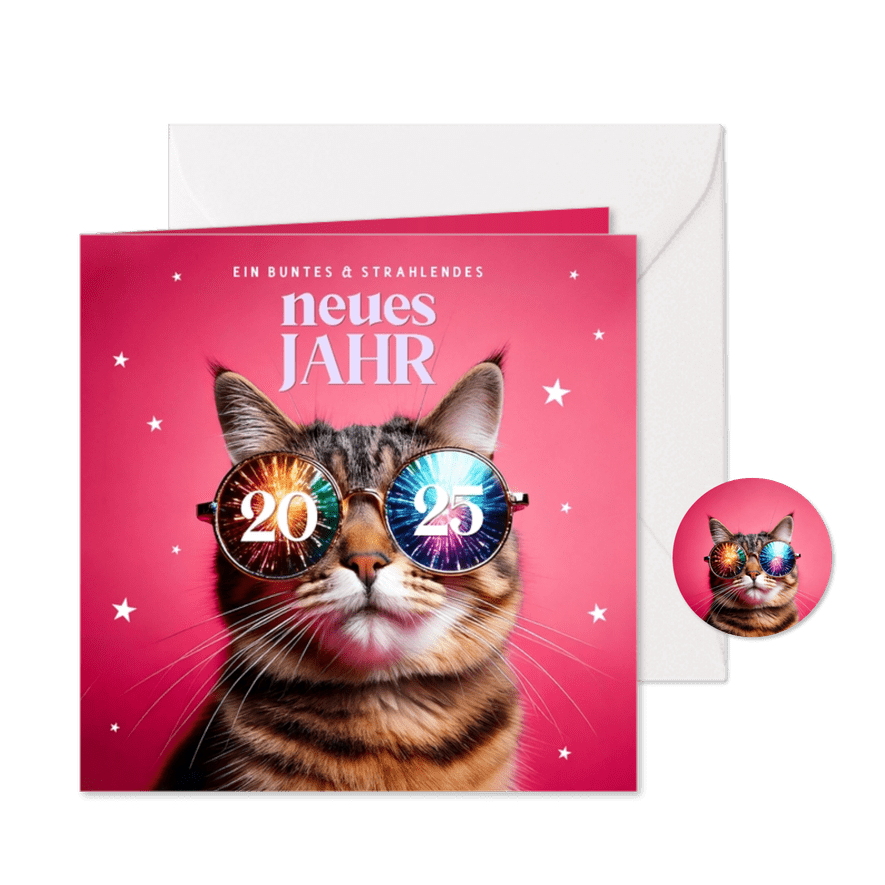 Neujahrskarte Katze mit Feuerwerk-Sonnenbrille - Karteneindruck
