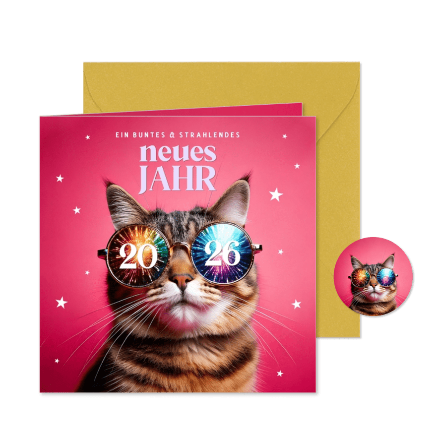 Neujahrskarte Katze mit Feuerwerk-Sonnenbrille - Karteneindruck