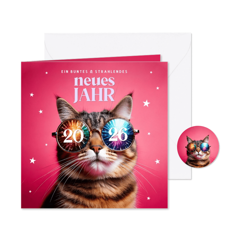 Neujahrskarte Katze mit Feuerwerk-Sonnenbrille - Karteneindruck