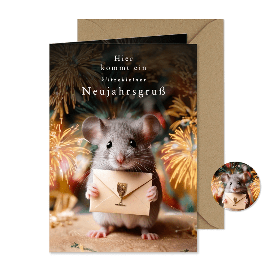 Neujahrskarte 'klitzekleine Neujahrsgrüße' Maus - Kartenvorschau