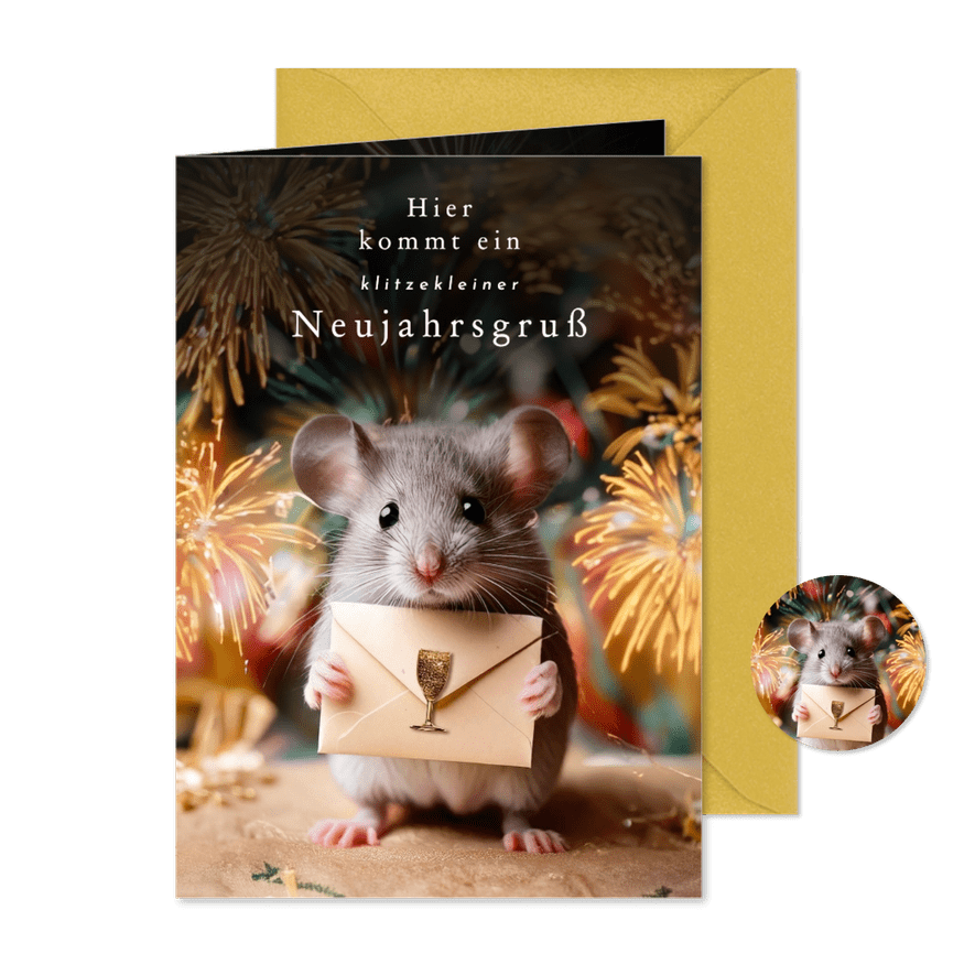 Neujahrskarte 'klitzekleine Neujahrsgrüße' Maus - Karteneindruck