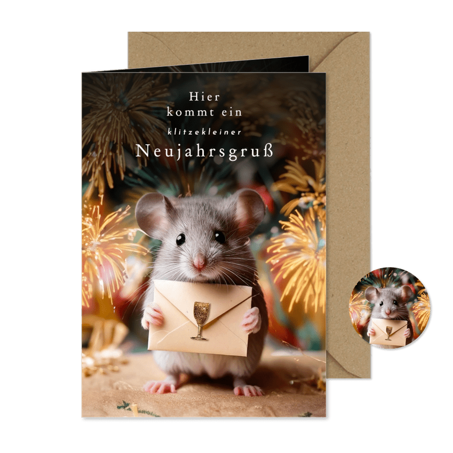 Neujahrskarte 'klitzekleine Neujahrsgrüße' Maus - Karteneindruck