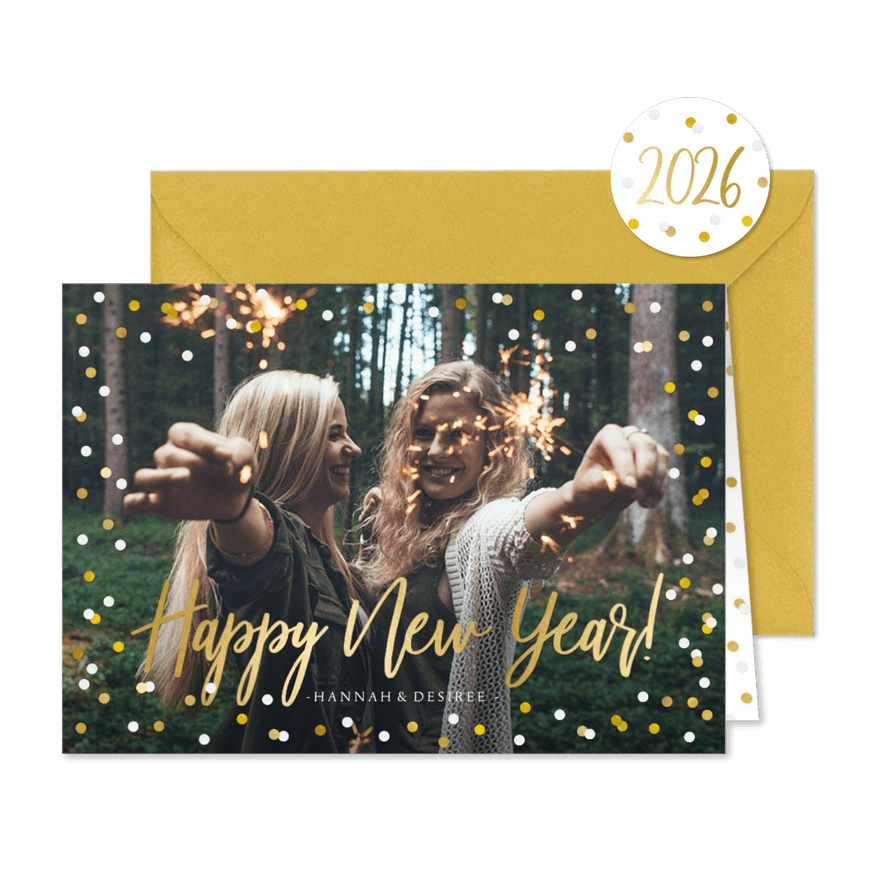 Neujahrskarte Konfetti Rahmen, Foto und Happy New Year - Karteneindruck