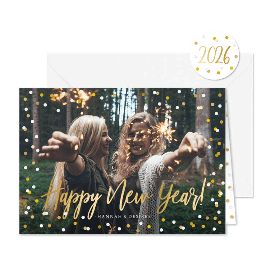 Neujahrskarte Konfetti Rahmen, Foto und Happy New Year - Karteneindruck