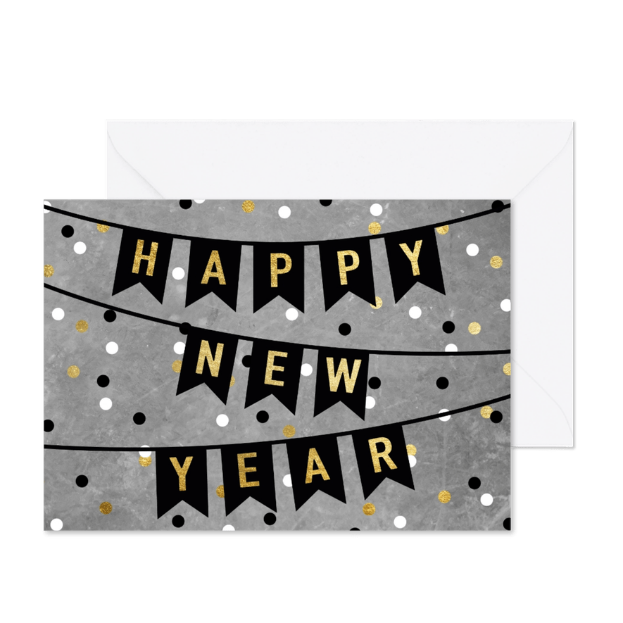 Neujahrskarte Konfetti und Happy New Year Girlande - Karteneindruck