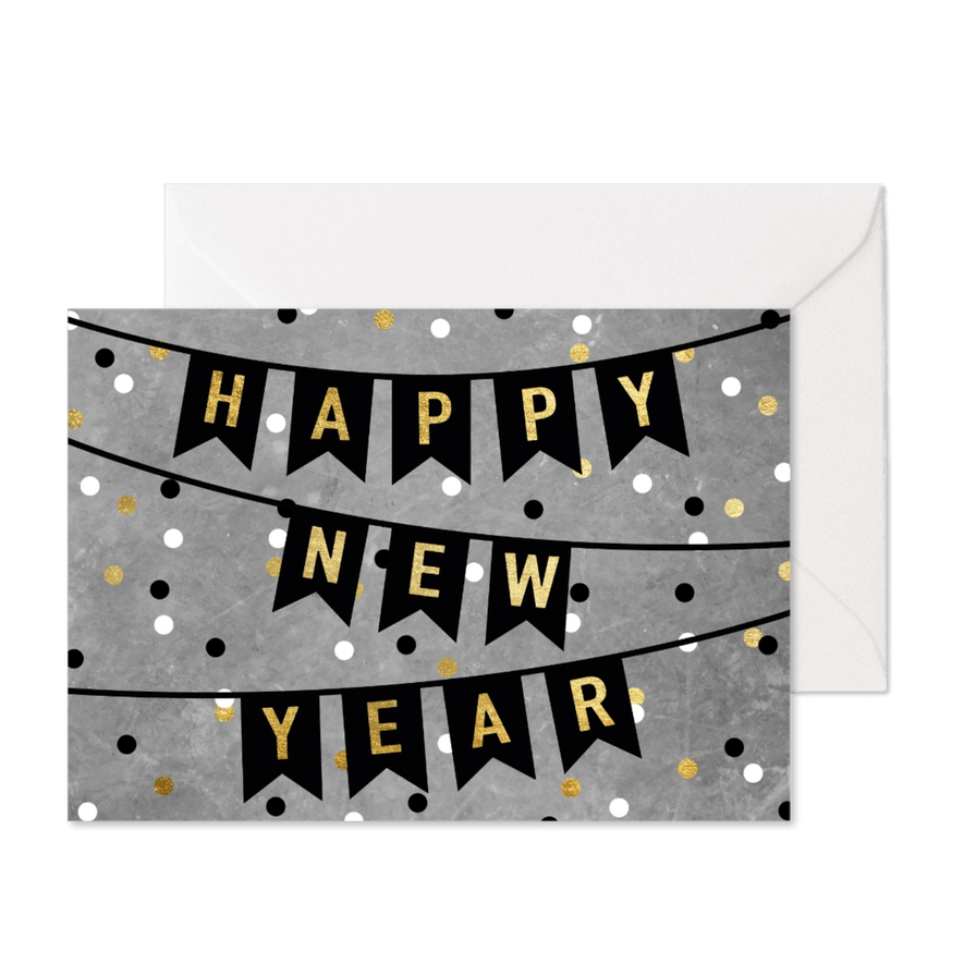 Neujahrskarte Konfetti und Happy New Year Girlande - Karteneindruck
