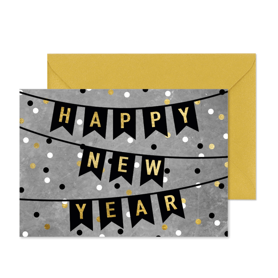 Neujahrskarte Konfetti und Happy New Year Girlande - Karteneindruck
