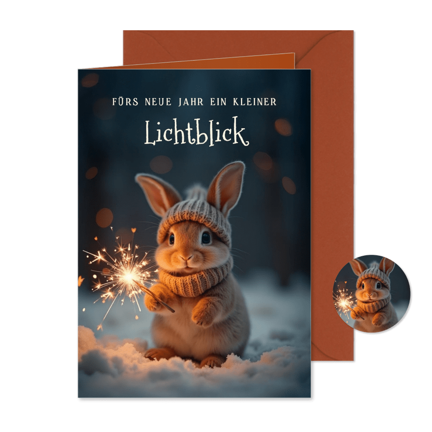 Neujahrskarte 'Lichtblick' Häschen mit Wunderkerze - Kartenvorschau