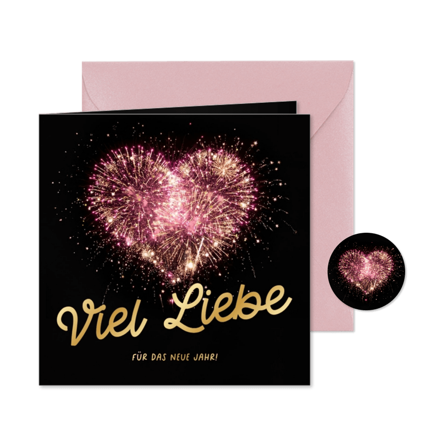 Neujahrskarte Liebe Feuerwerk Rosa Schwarz - Kartenvorschau