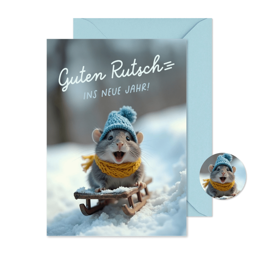 Neujahrskarte lustige Maus auf Schlitten - Karteneindruck