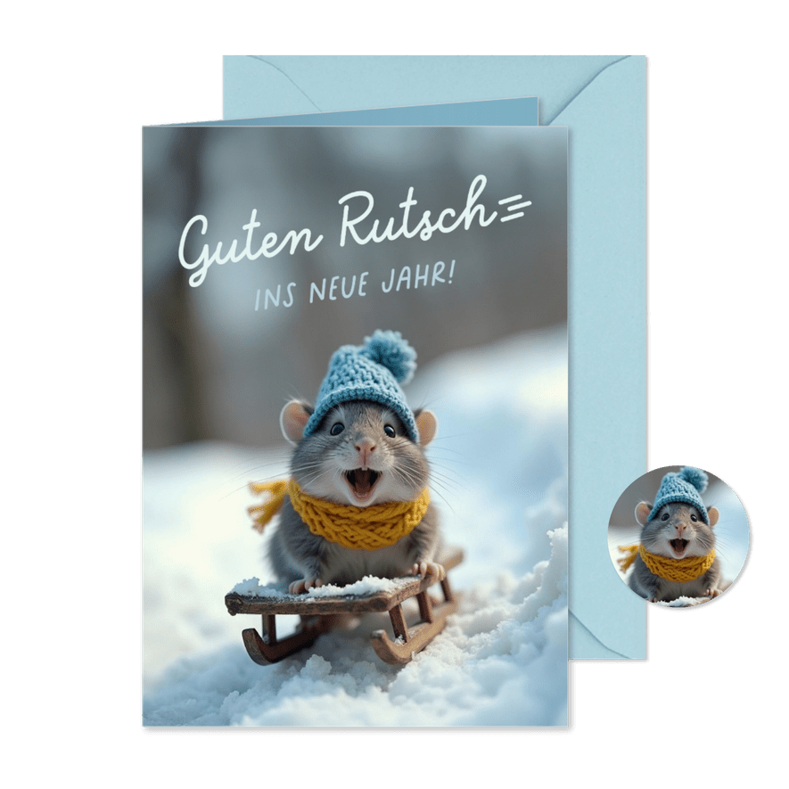 Neujahrskarte lustige Maus auf Schlitten - Karteneindruck