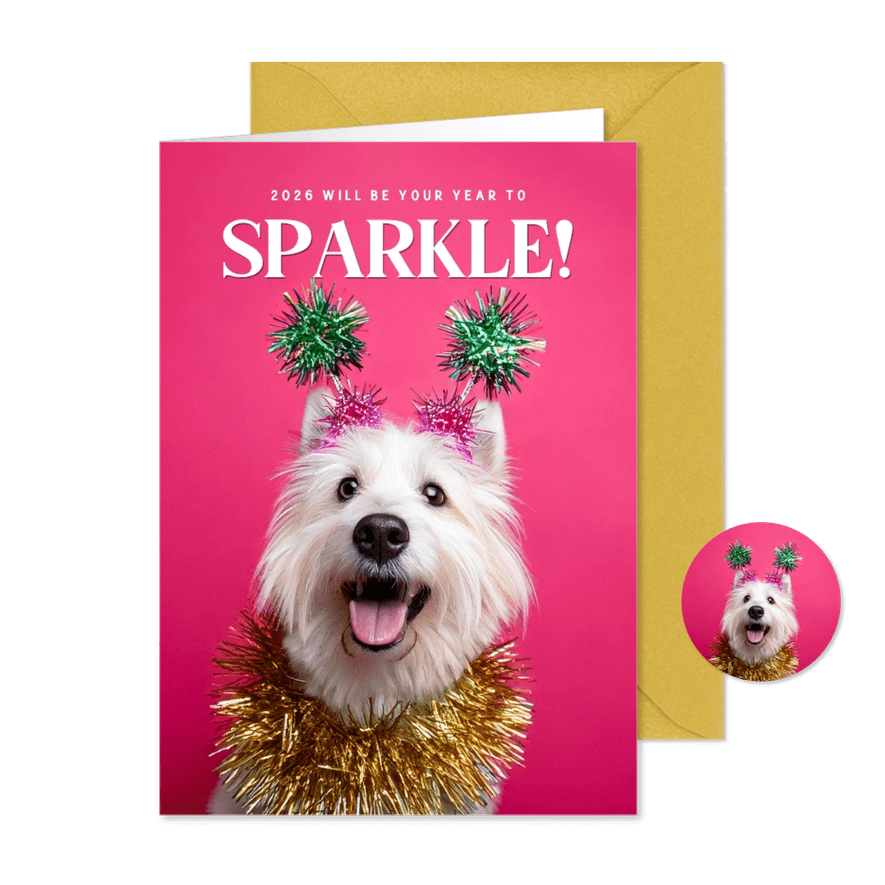 Neujahrskarte lustiger Hund 'Sparkle' auf Rosa - Karteneindruck