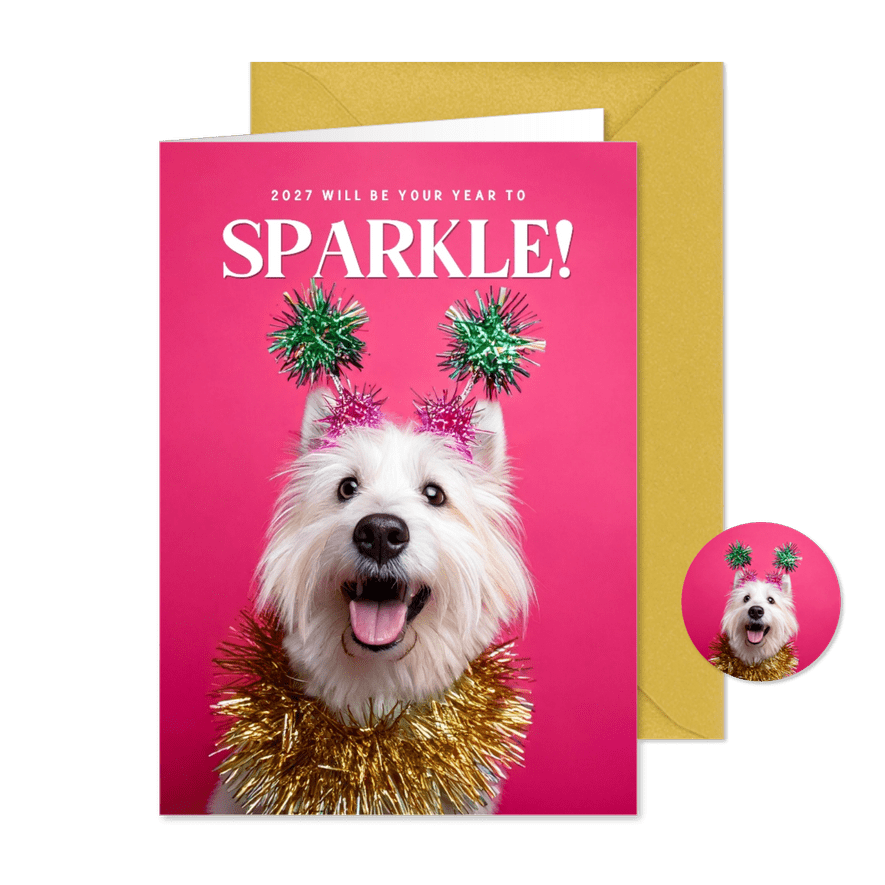 Neujahrskarte lustiger Hund 'Sparkle' auf Rosa - Kartenvorschau