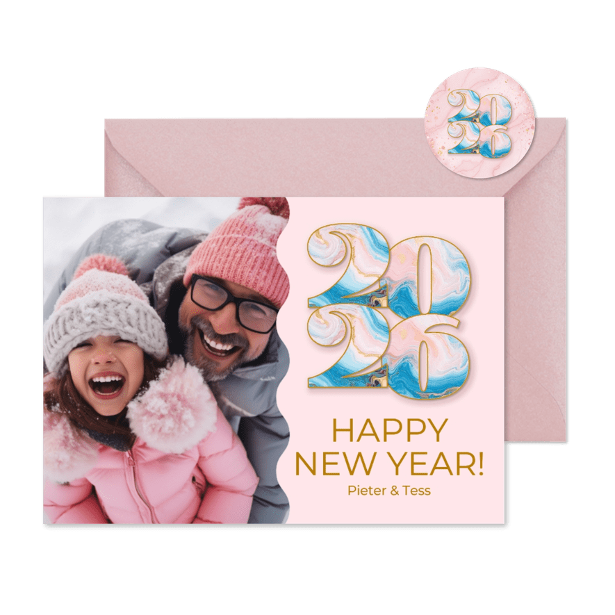 Neujahrskarte Marmor-Effekt 2026 rosa mit Foto - Karteneindruck
