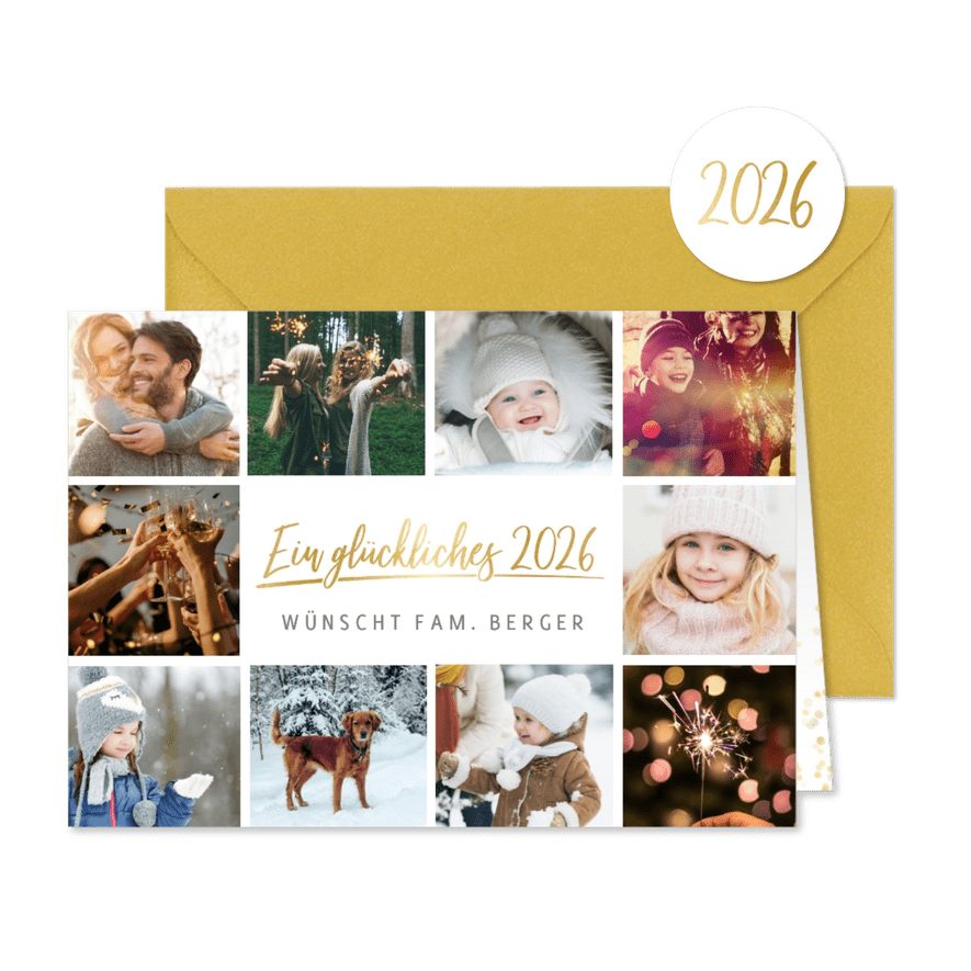 Neujahrskarte mit eigenen Fotos und Schriftzug in Goldlook - Karteneindruck