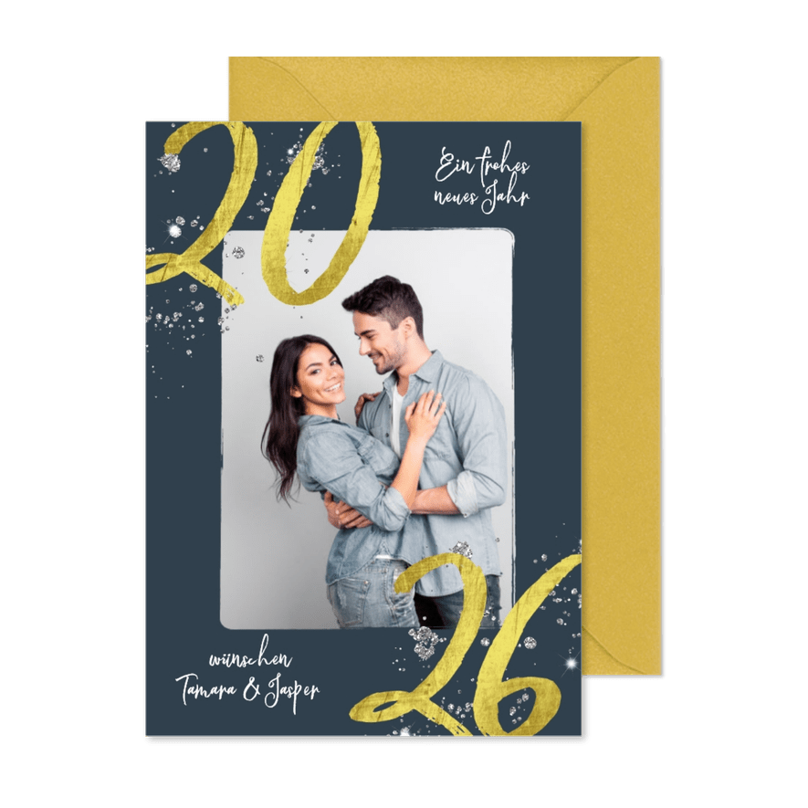 Neujahrskarte mit Foto, Glitzer und 2026 - Karteneindruck