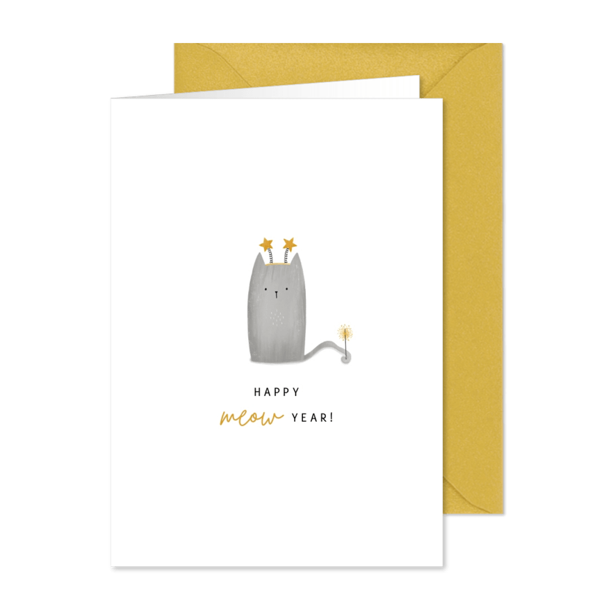 Neujahrskarte mit Katze 'Meow Year' - Karteneindruck