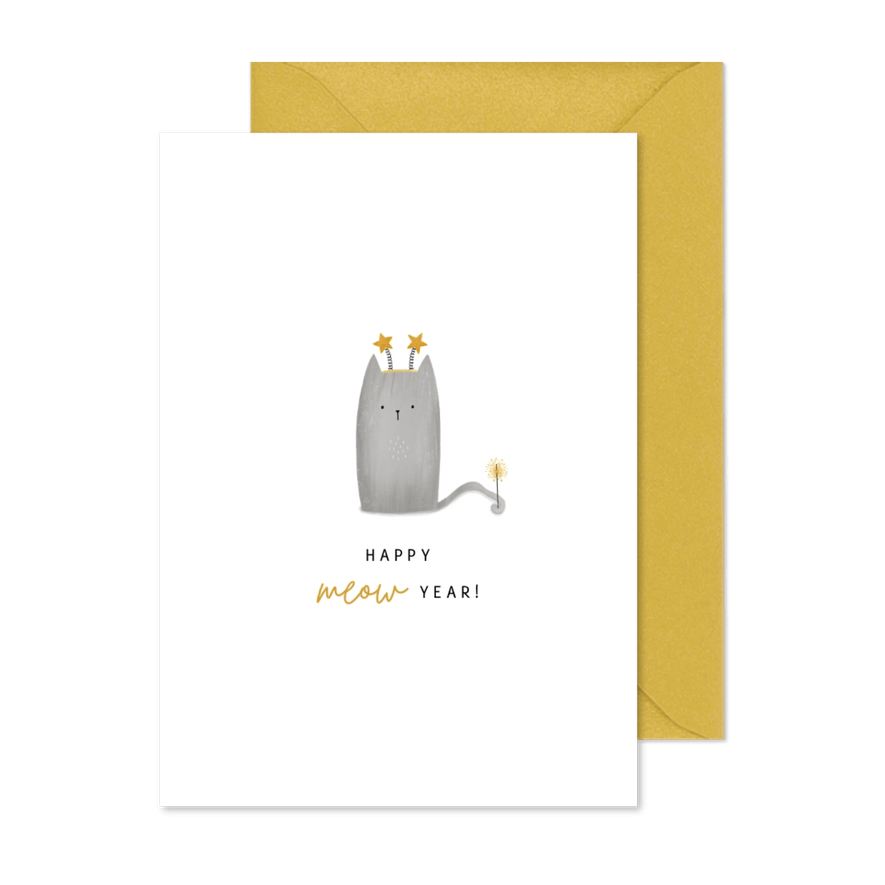 Neujahrskarte mit Katze 'Meow Year' - Karteneindruck
