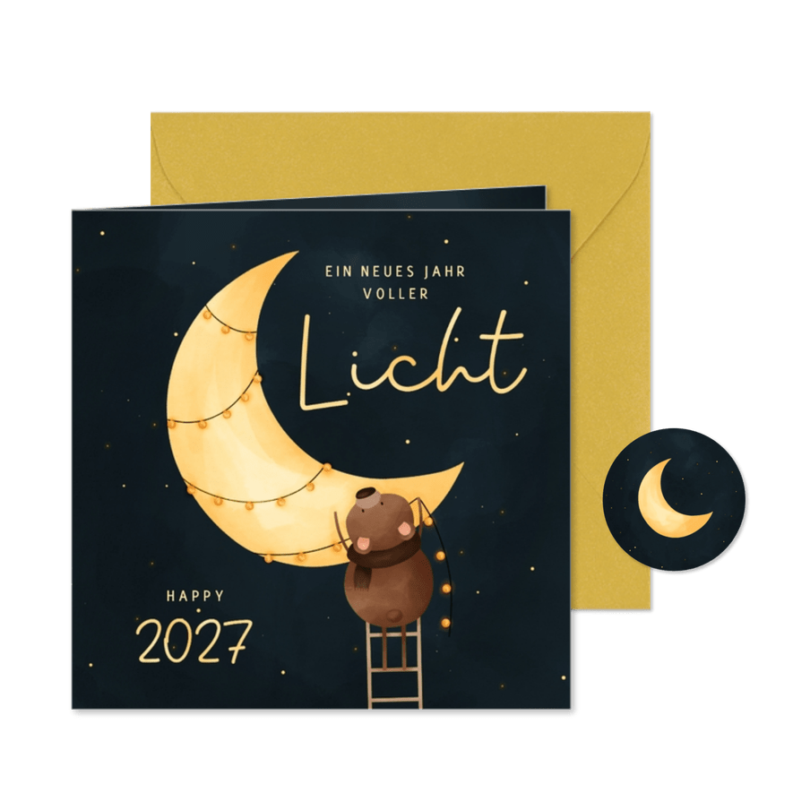 Neujahrskarte Mond mit Lichterkette - Kartenvorschau