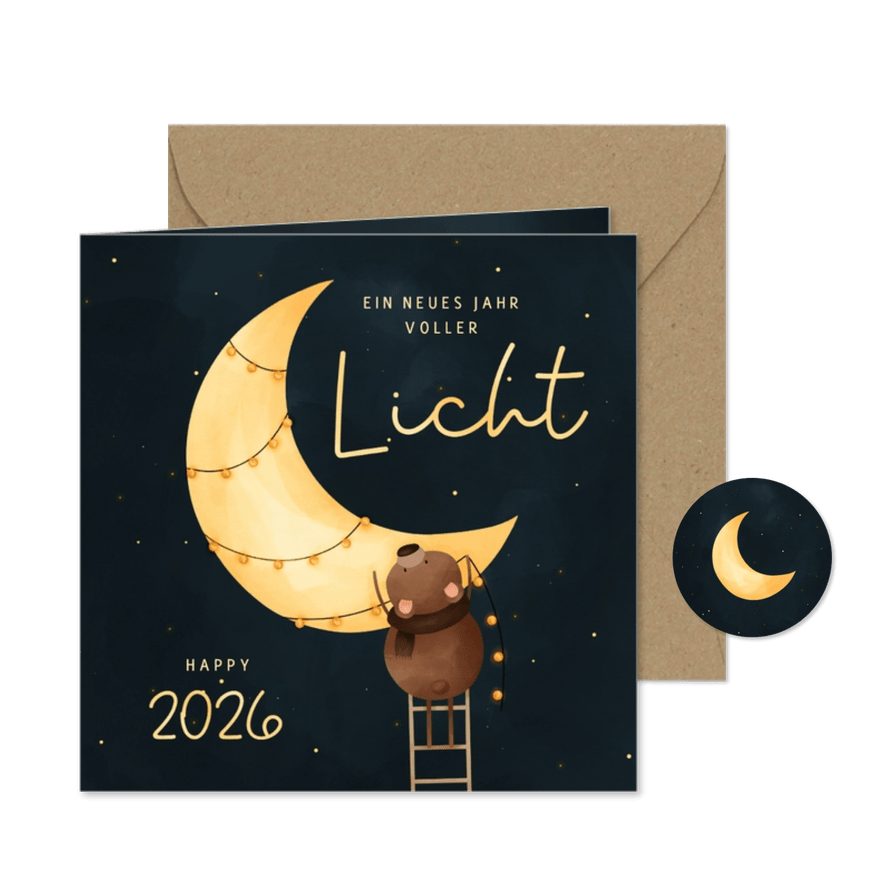 Neujahrskarte Mond mit Lichterkette - Karteneindruck
