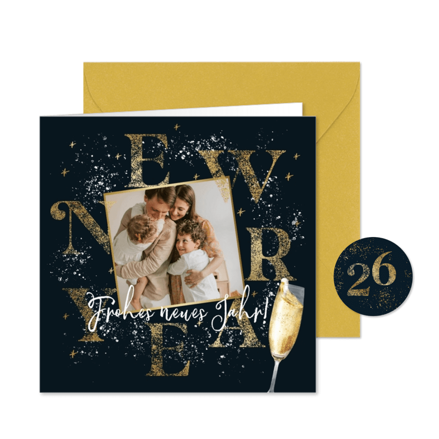 Neujahrskarte 'New Year' mit Foto und Sektglas - Karteneindruck
