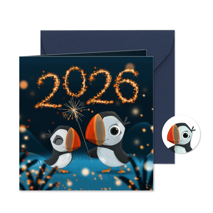 Neujahrskarte Papageientaucher Feuerwerk - Karteneindruck
