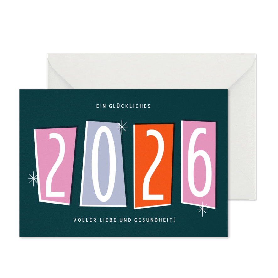 Neujahrskarte Retrolook bunte Zahlen - Karteneindruck