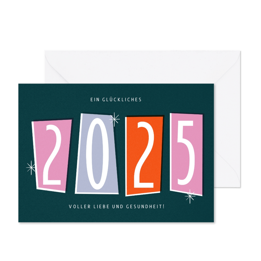 Neujahrskarte Retrolook bunte Zahlen - Karteneindruck