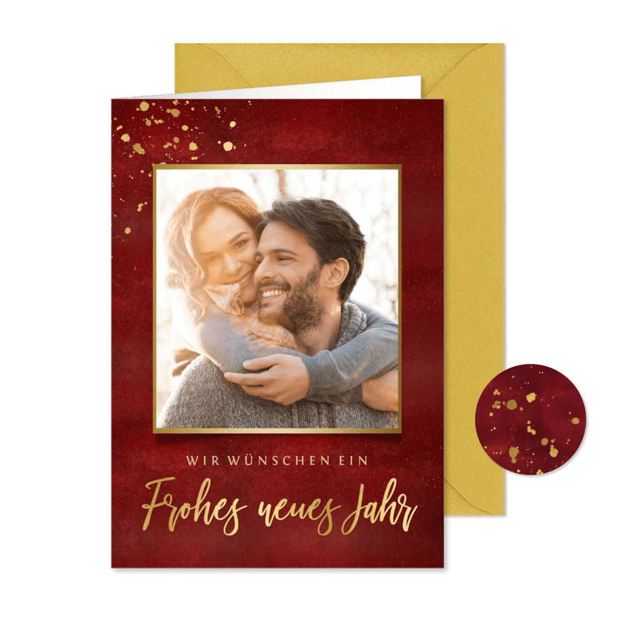 Neujahrskarte rot mit Foto und Goldakzenten - Kartenvorschau